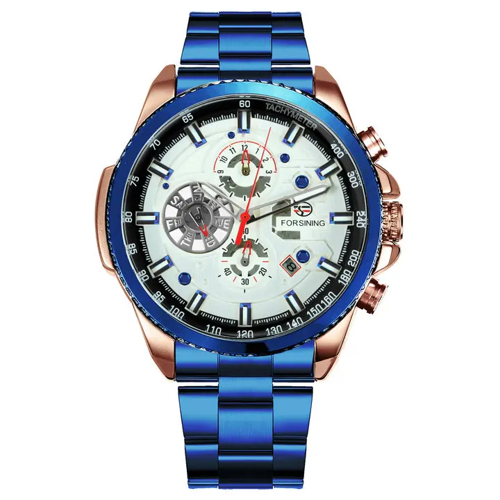 BLUE RG WHITE FORSINING модное платье автоматические механические часы для мужчин синий циферблат хронограф Нержавеющая сталь ремешок для мужчин s часы лучший бренд класса люкс - Цвет: BLUE RG WHITE