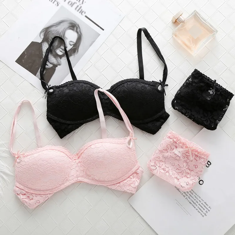 

Women Fashion New Sexy Lace Solid Color No Steel Ring Gathered Bra + Bow Underwear Set