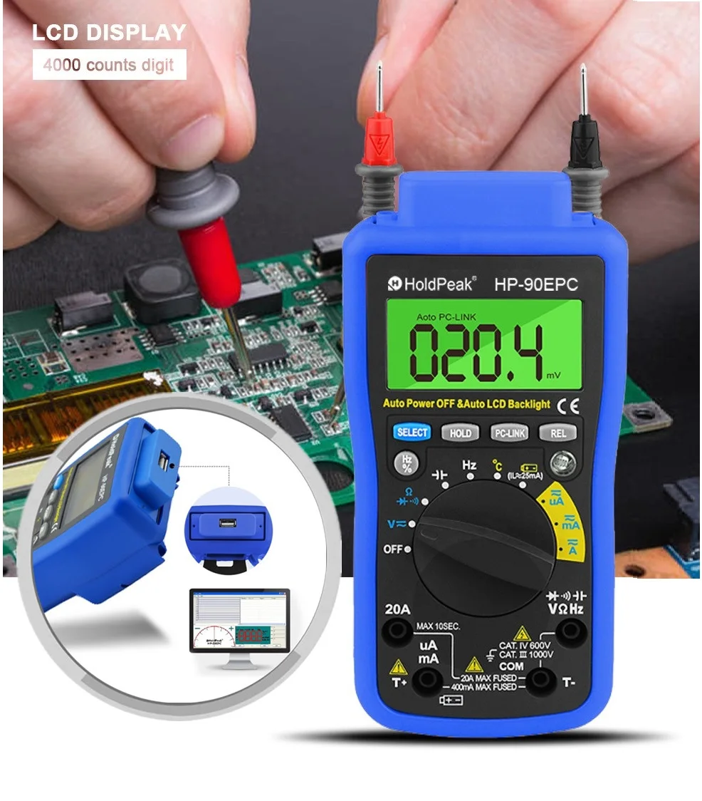 

Цифровой мультиметр с автоматическим диапазоном HoldPeak HP-90EPC Multimetro с USB подключением к ПК и функцией вывода данных