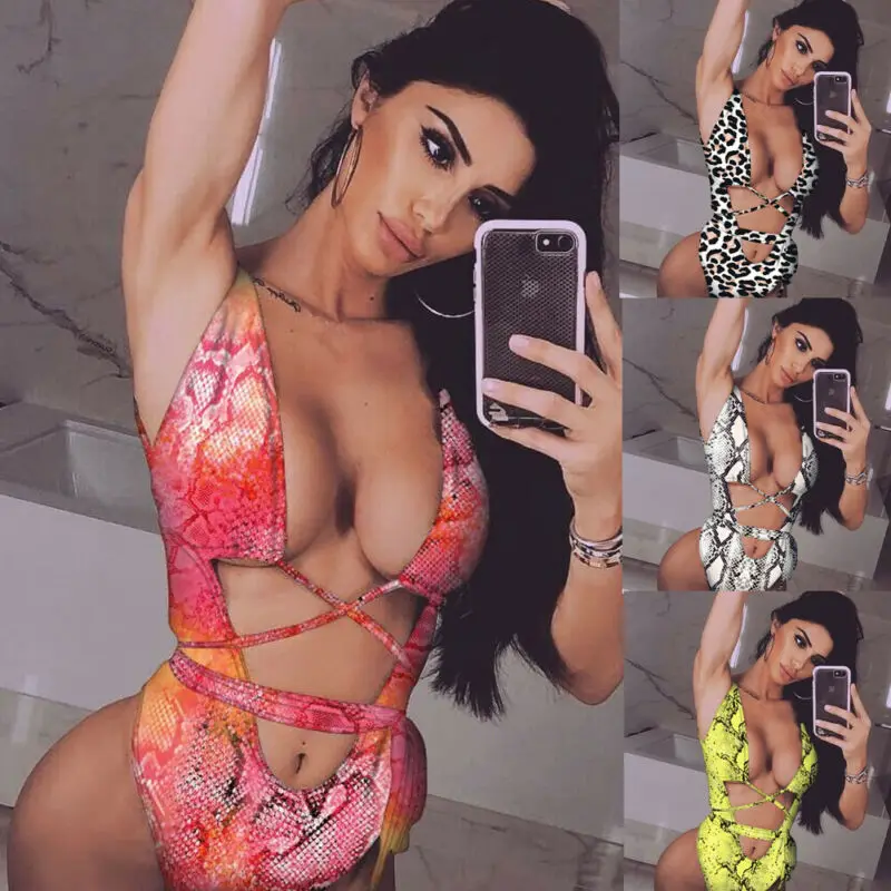 

Fashion Women Sexy Bodysuit Hollow Out Push Up Leopard Snake Padded Bandage Bikini Beachwear Swimwear Swimsuit Monokini