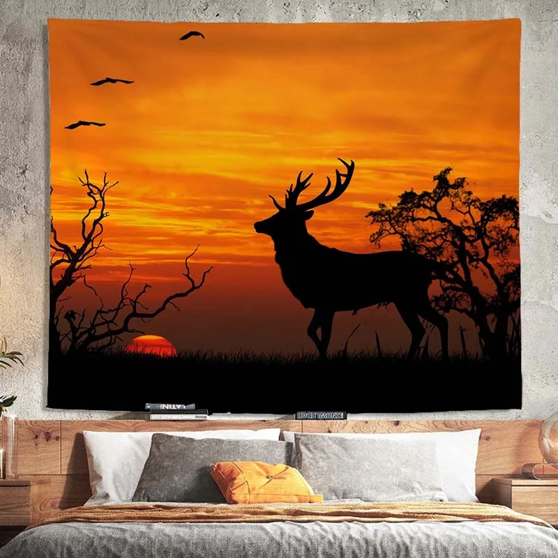 Одеяло с принтом лося и заката настенный подвесной гобелен украшение для дома