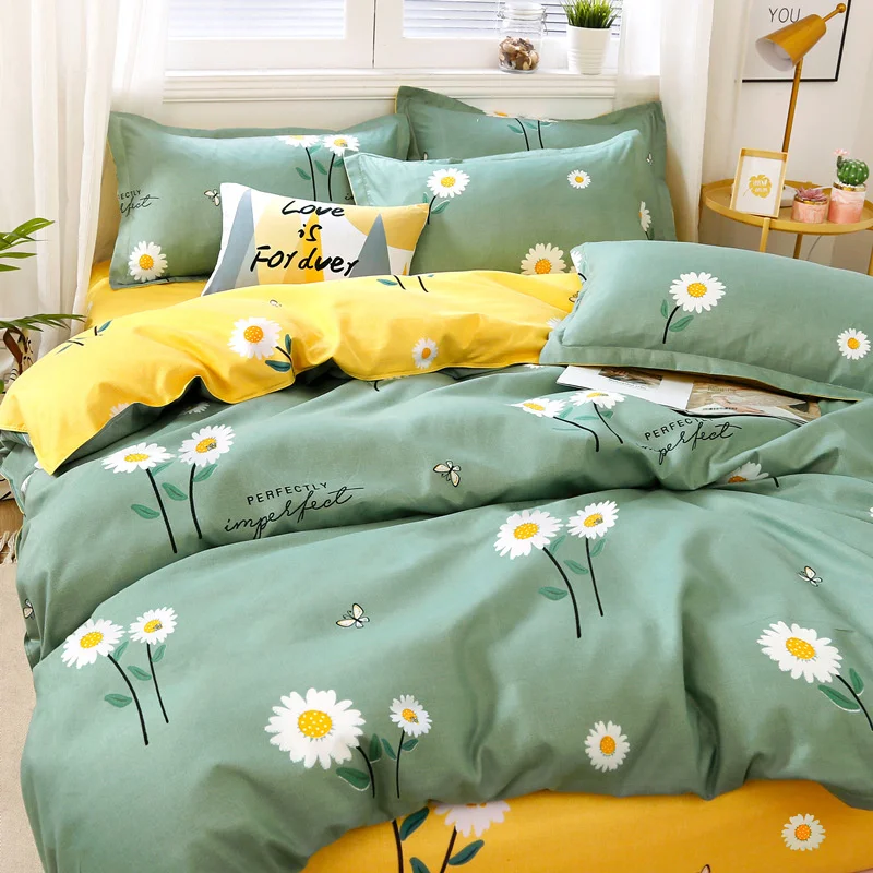 

Fashion Printing Twin Size Bedding Set Home Soft Washed Cotton Duvet Cover 4 Piece Set Lovely Pattern Bed Sheets Pillowcases