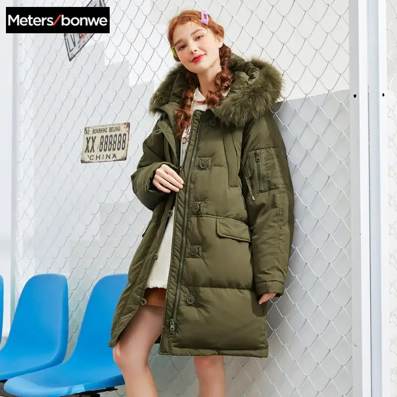 Metersbonwe длинный теплый пуховик для женщин Зимняя портативность 80% серый утиный пух