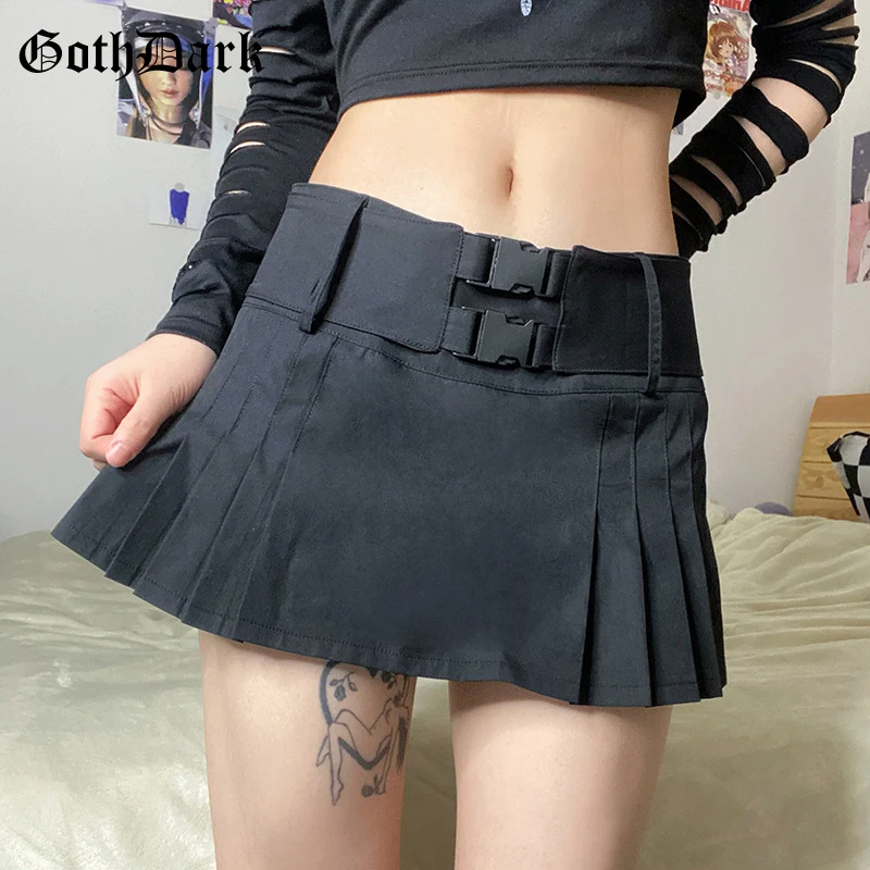 

Goth Dark Techwear Buckle Patchwork Sexy Mini Skirts Gothic Grunge Black Pleated Low Waist Skirt Hip Hop A-line Micro Streetwear