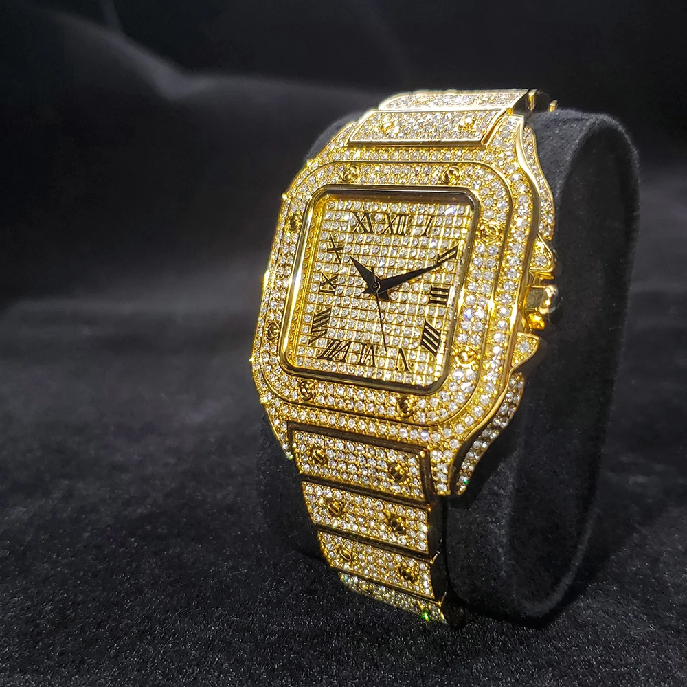 Missfox Top Brand Gold Watches Men Classic Style Square Full Diamond Man Wristwatch Roman Numerals Party Quartz Watch Gentleman images - 6