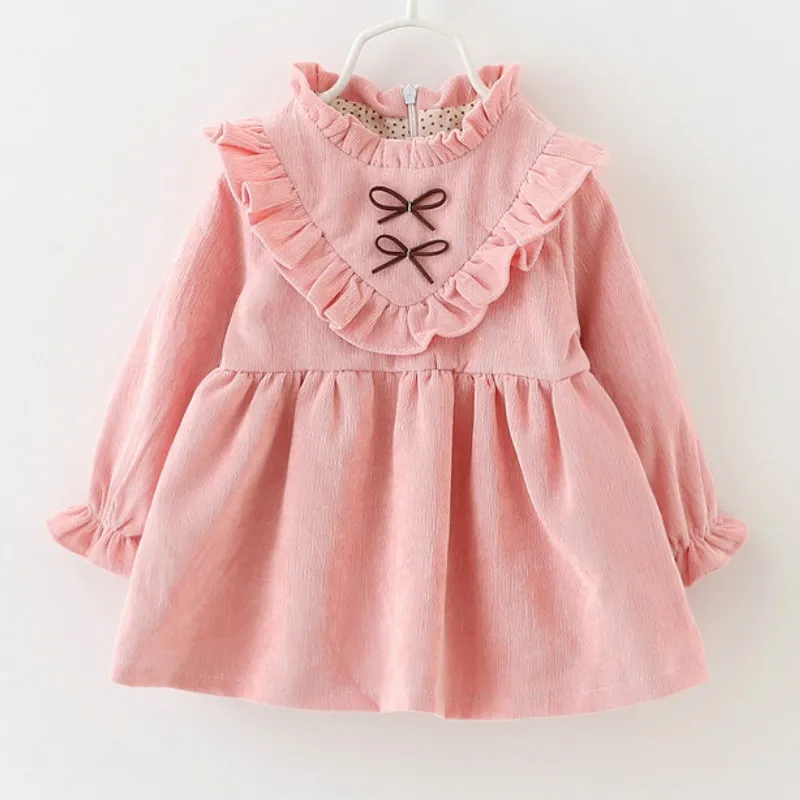 D1822-Pink Детское зимнее шерстяное платье с цветочным рисунком и меховым жилетом для маленьких девочек; платье для маленьких девочек; одежда для дня рождения Новогоднее и рождественское платье - Цвет: D1822-Pink
