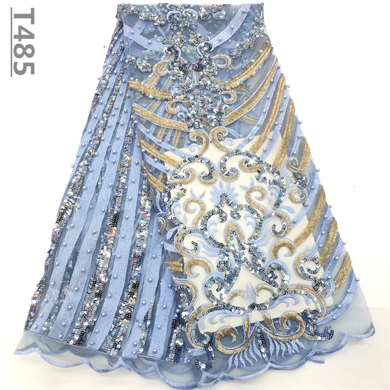 2018 High Quality Embroidery African Lace Fabric Tulle Beaded Net French Guipure Material Sky Blue Nigerian Fabrics | Дом и сад