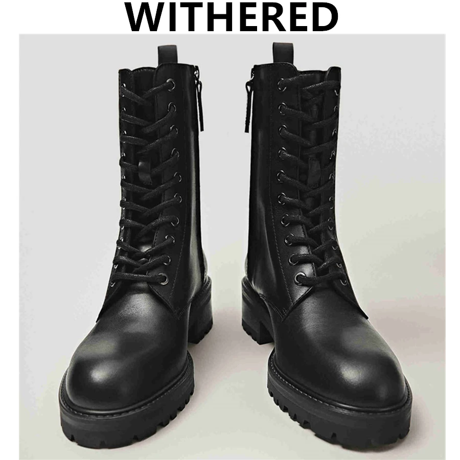 

Withered 2021 england vintage fashion cowhide High top Martin boots Motorcycle ankle boots women zippers botas mujer shoes women