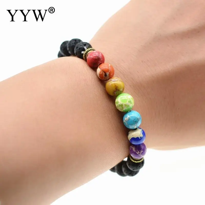 Модный женский браслет из лавы разноцветные Круглые бусины натурального камня