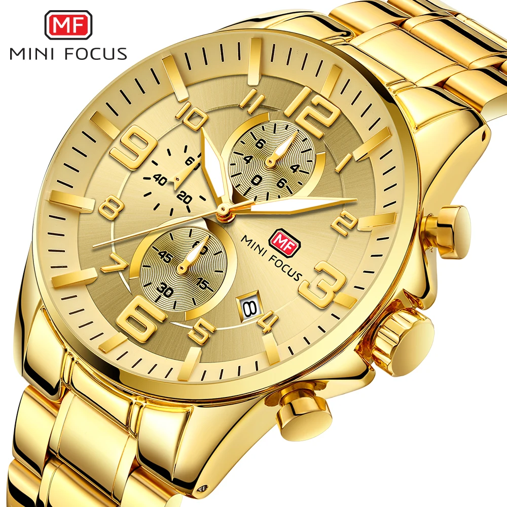 

MINI FOCUS Watches Mens Luxury Gold Watch Chronogragh Watch Calendar Pilot 1/10 second 3 Dials Stainless Steel Relogio Masculino