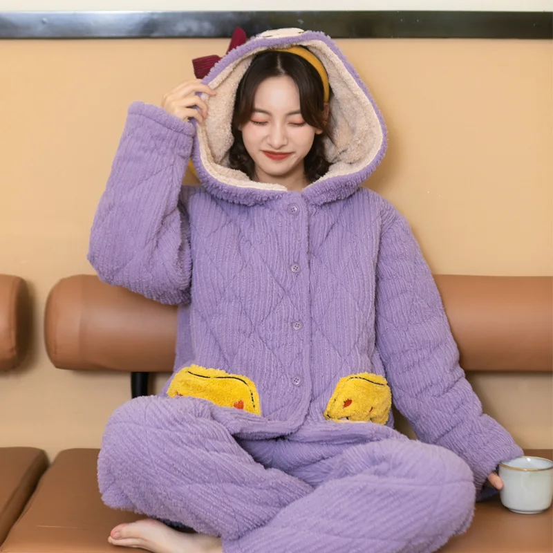 

Sweet Pajamas For Women Winter Thicken Pijamas Suit Sleepwear Purple Long Sleeve Trouser Homewear Sets Flannel Home Clothing
