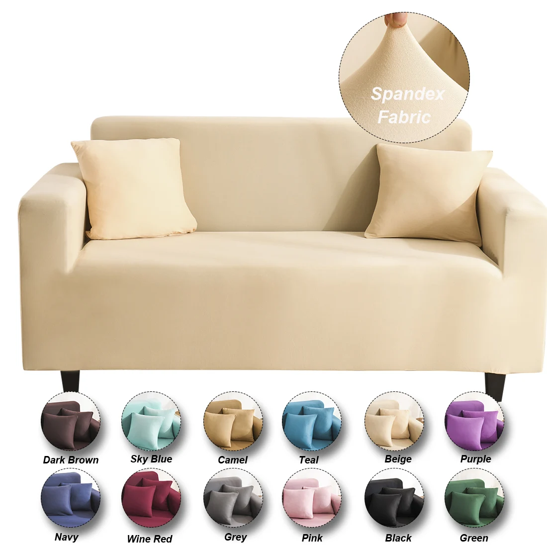 

High Stretch Spandex Fabric Couch Cover Sofa Slipcover Furniture Protector With Elastic Bottom Machine Washable Beige