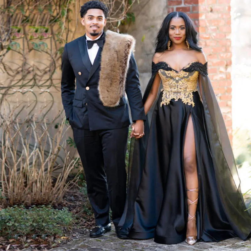 

Черные вечерние платья с открытыми плечами и запахом, платья знаменитостей с золотой аппликацией и разрезом сбоку, трапециевидная шаль, Пла...