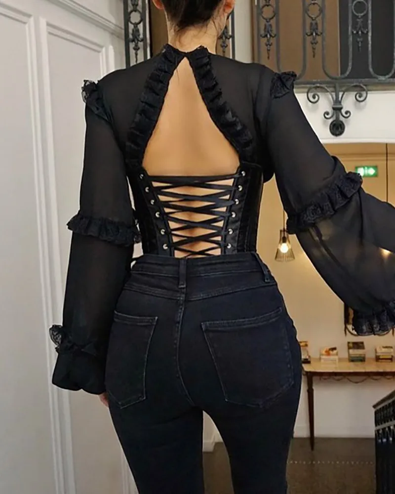 

Eyelet Lace-up Frill Hem Backless Crop Top