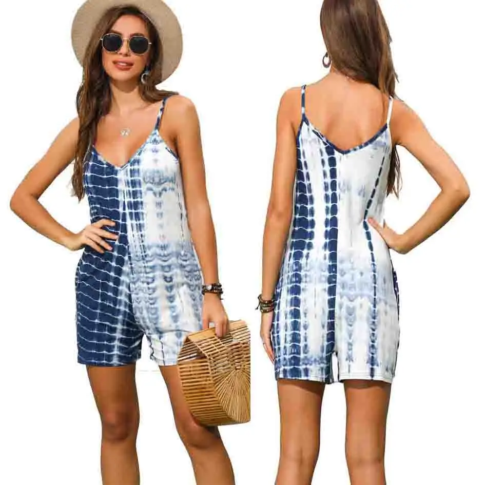 Сексуальный комбинезон без рукавов шорты Женский Летний галстук краска