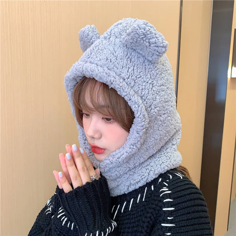 Шапка шарф с мультяшными медвежьими ушками женский зимний пушистый мягкий