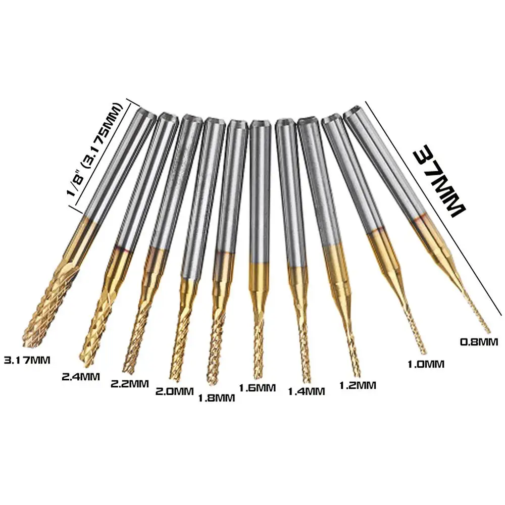 

10pcs/set 1/8" Shank Titanium 3.175mm Carbide End Mill Coated Engraving Bit Drill Bit Set Milling Cutter For Machine