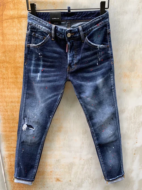 

dsq brand Italy blue mens jeans pants Men Slim Stretch jeans denim trousers button blue hole Pencil Pants jeans for men T138