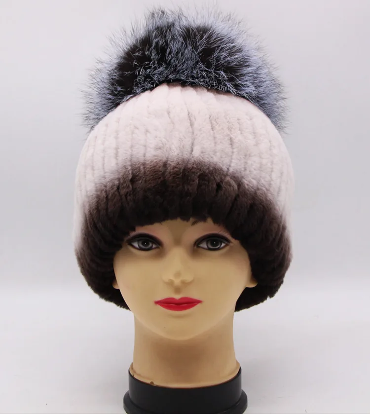 Rex rabbit fur hat female winter fox fur ball thick warm knitted earmuff wool cap