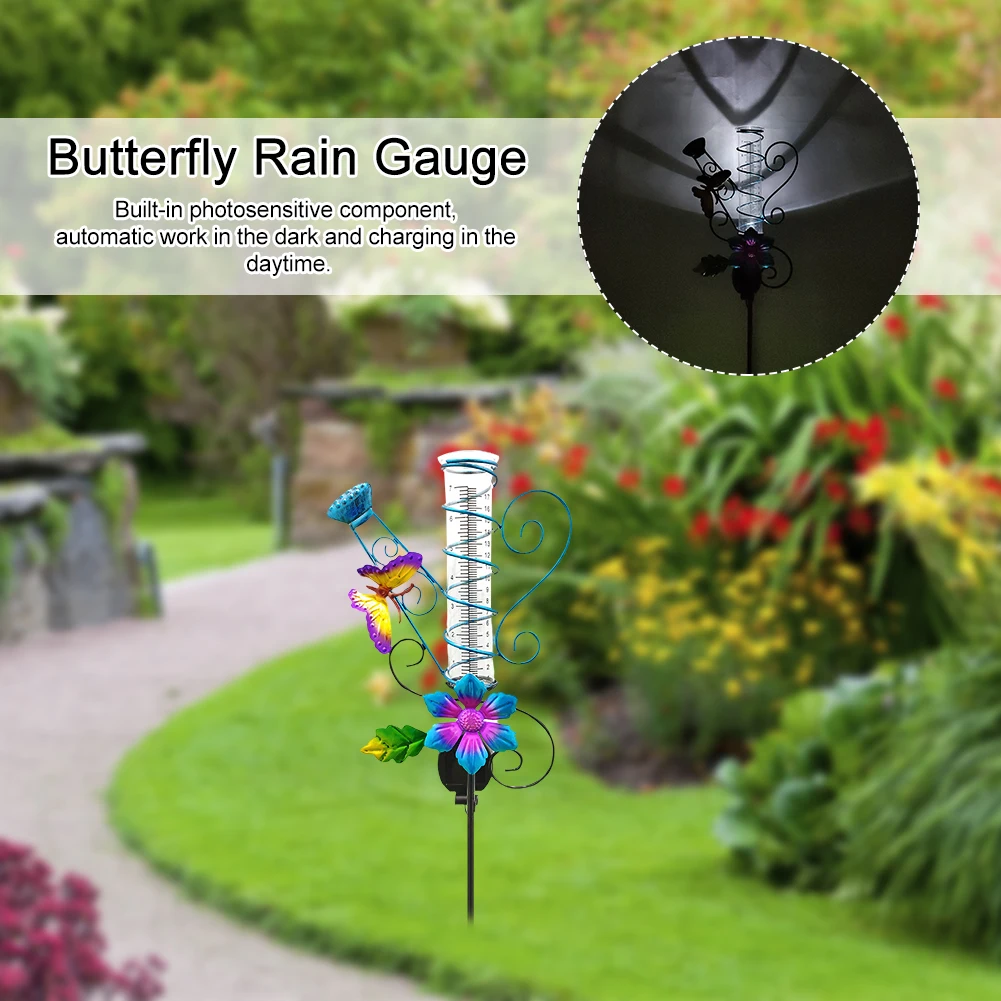 

Yard Iron Art Butterfly Rain Gauge Lawn Outdoor Garden Multifunction Home Decor Pathway Backyard Solar Powered Accurate Balcony
