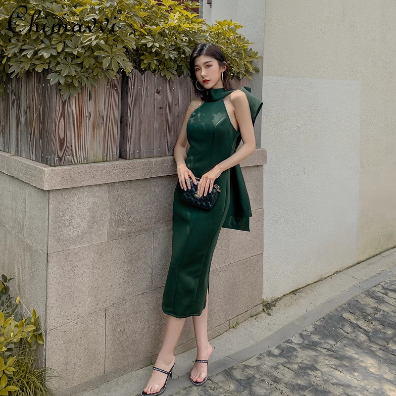 

Sexy Backless Big Bow Formal Dress Fashionable Designer Halter Sleeveless Midi Dress Slimming Skinny Elegant Dress Women