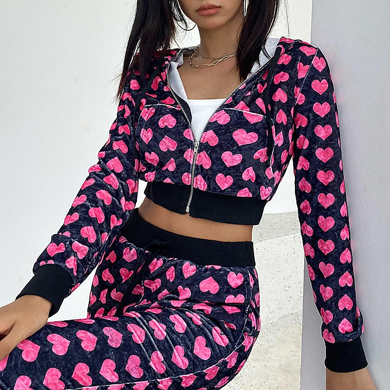 

Women's Hoodies Y2K Velvet Two-piece Sportswear Graphic Hoodies Heart Print Cropped Hooded Sweatshirts Sets 2021