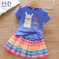 humor bear girls clothes sets new summer short sleeve cartoon printed top mesh skirt 2pcs casual toddler kids clothes