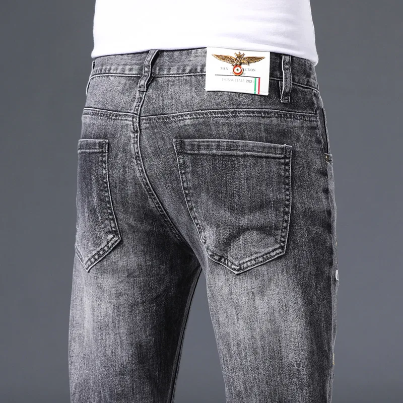 

Luren 2021 Spring and Summer Thin Fashion Brand Jeans Men's Slim Fit Skinny High-end Smoky Gray Printed Personalized Men's Pants