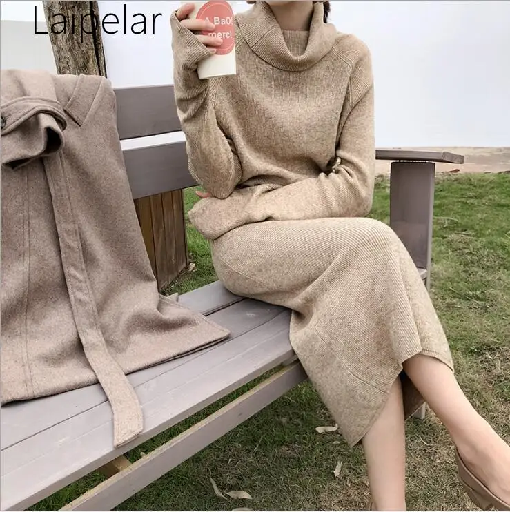 

Winter Turtleneck Sweater Dress Women Lace Up Knitted Long Dress Female Knitwear Full Sleeve Soft Vestidos 2019 High Quality