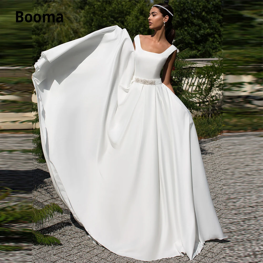 

Свадебные платья Booma, простой сатин, с квадратным вырезом, рукавами-крылышками, на молнии, пляжные свадебные платья, размера плюс, с поясом, б...