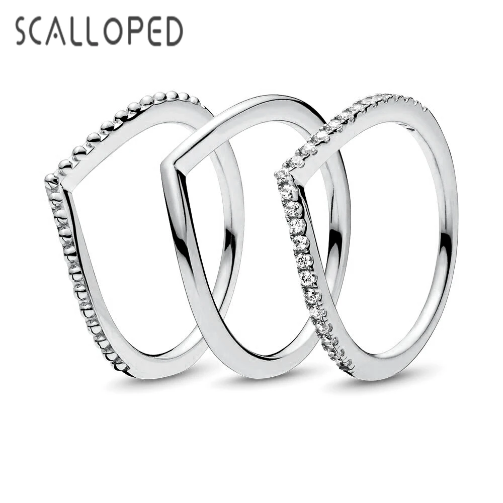 

SCALLOPED V Shaped Wish Sparkling Zircon Rings Fashion Stacking Jewelry Wedding Engagement Women Gifts Anillos Mujer