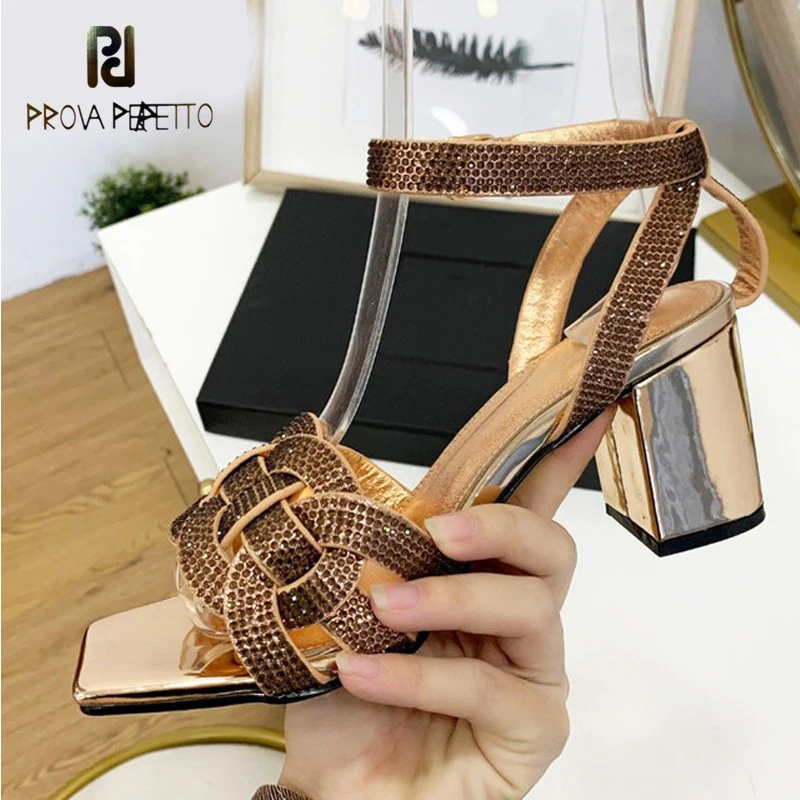 

Square toe open toe thick heel sandals summer casual shiny crystal all-match woven hollow high heel sandals women