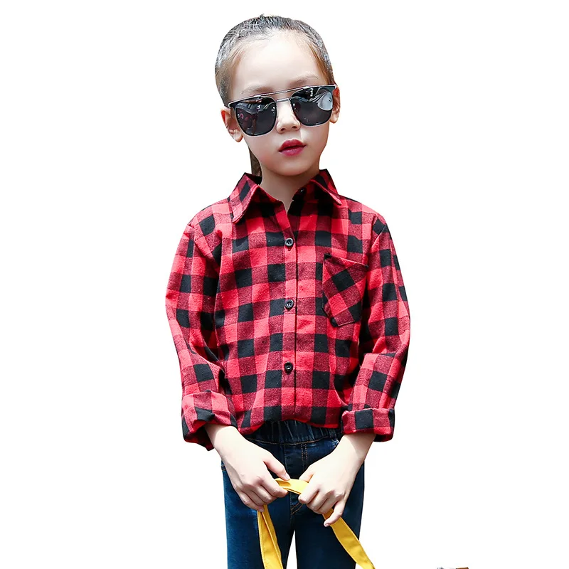 

Girls' Long Sleeve Shirt Plaid Children's Shirt Cotton Mid-Length Loose Spring Middle-Size Children's Shirt 4-12 Ages