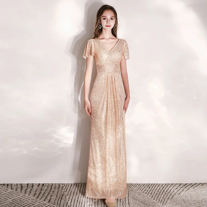 

Женское вечернее платье с блестками, элегантное платье цвета шампанского с V-образным вырезом, коротким рукавом, блестками, длиной до пола, д...