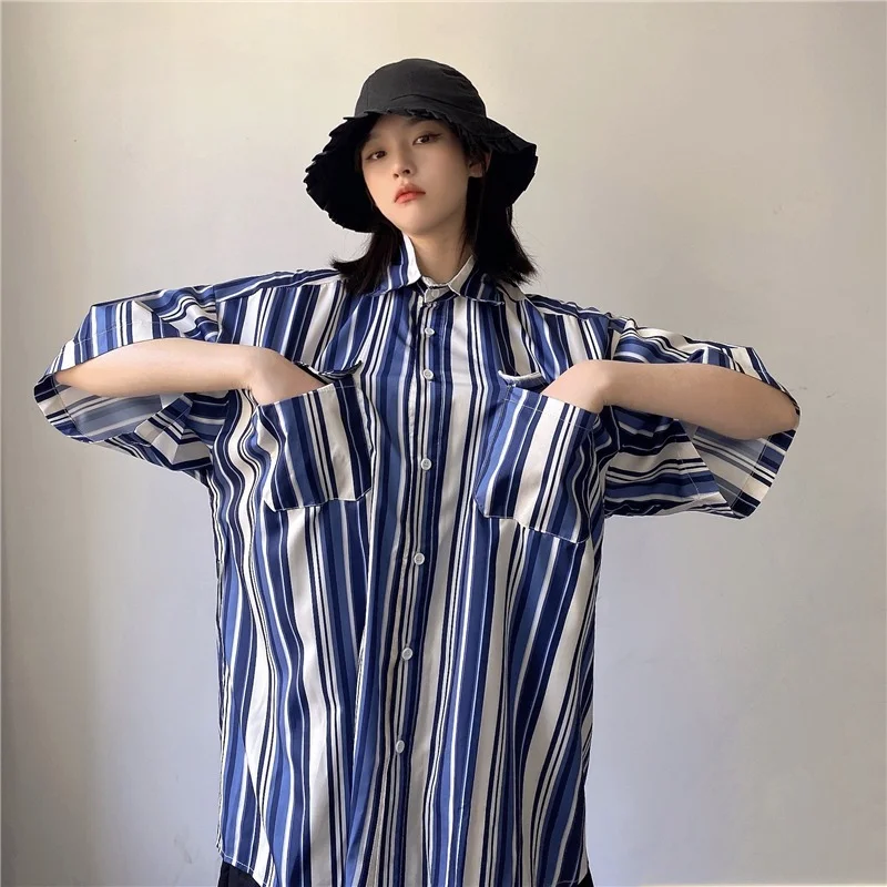

Harajpoo Women Shirts Retro Summer Korean Ins Hong Kong Wind Vertical Stripes Loose Thin Couple Casual Wild Short Sleeves Tops