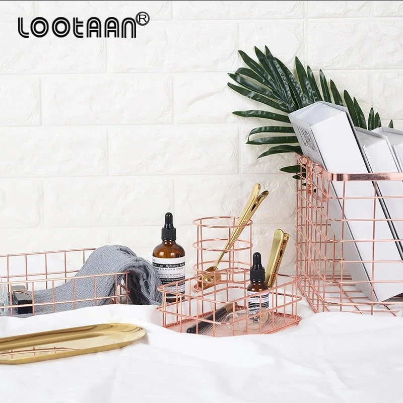 Lootann кованая корзина для хранения косметики из розового золота Настольная мусора