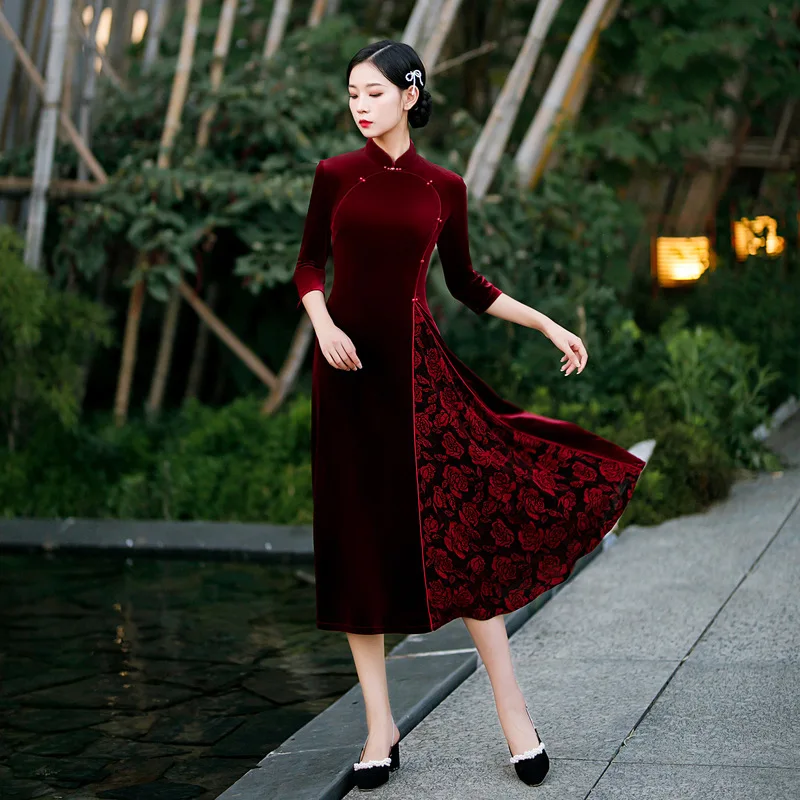

Women Velvet Mandarin Collar Prom Party Dress Gown Flower Cheongsam Velour Vintage Button Qipao Sheath Autumn New Vestidos