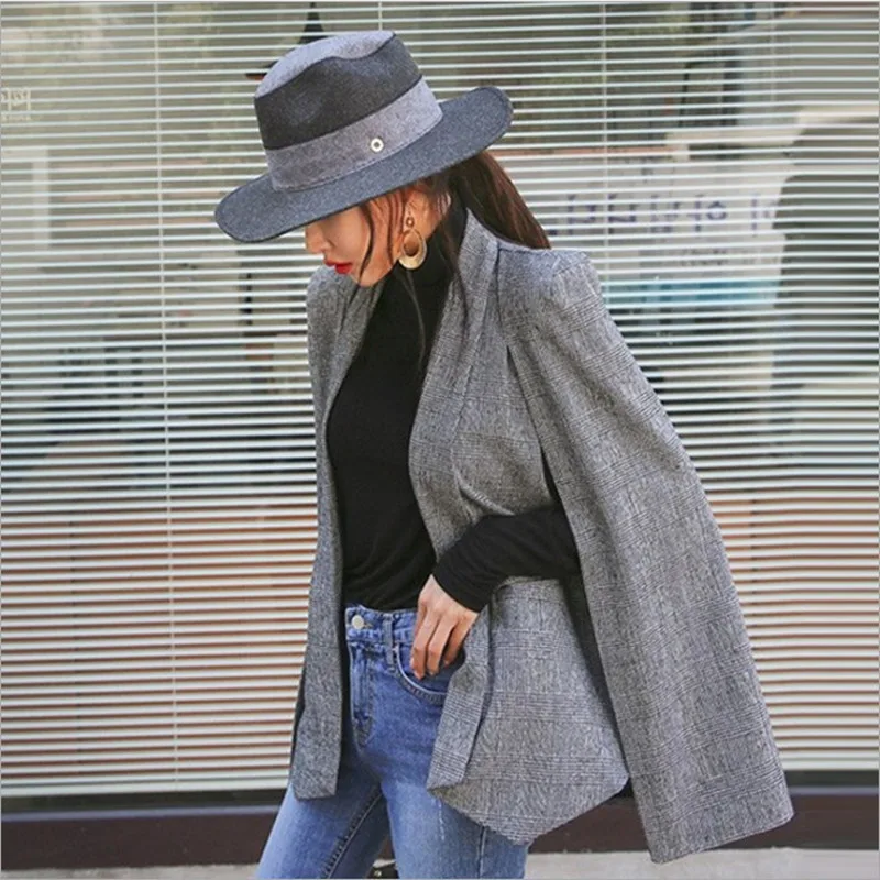

2021 European and American suit female Korean style stitching mid-length slim shawl-style cloak jacket