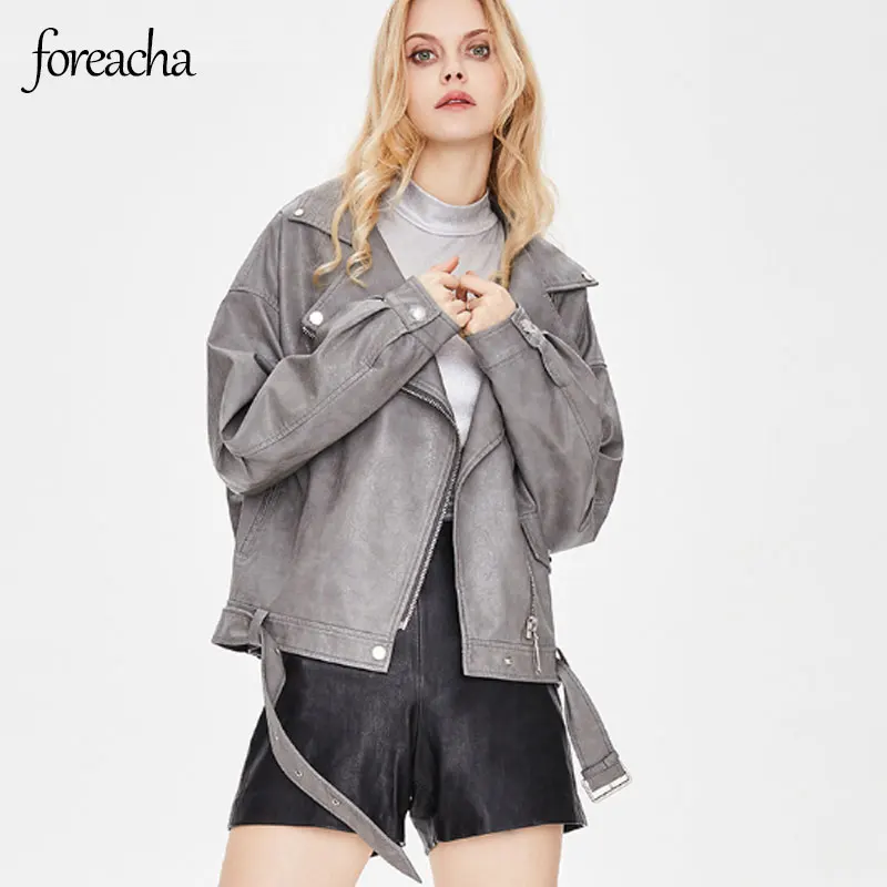 

foreacha autumn lapel zipper long-sleeved ladies coat all match Women's clothing short paragraph PU leather jacket veste femme