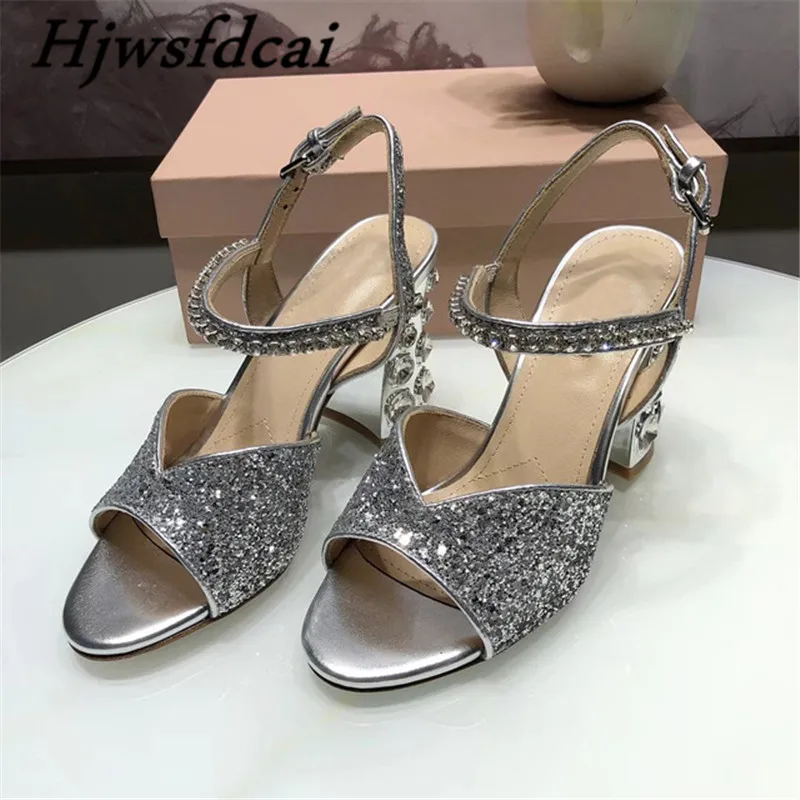 

Hjwsfdcai Luxury Brand Summer Fashion Woman Sandals Patent Leather Ankle-Strap Thick Heel Open-Toes Female Heels Rhinestone