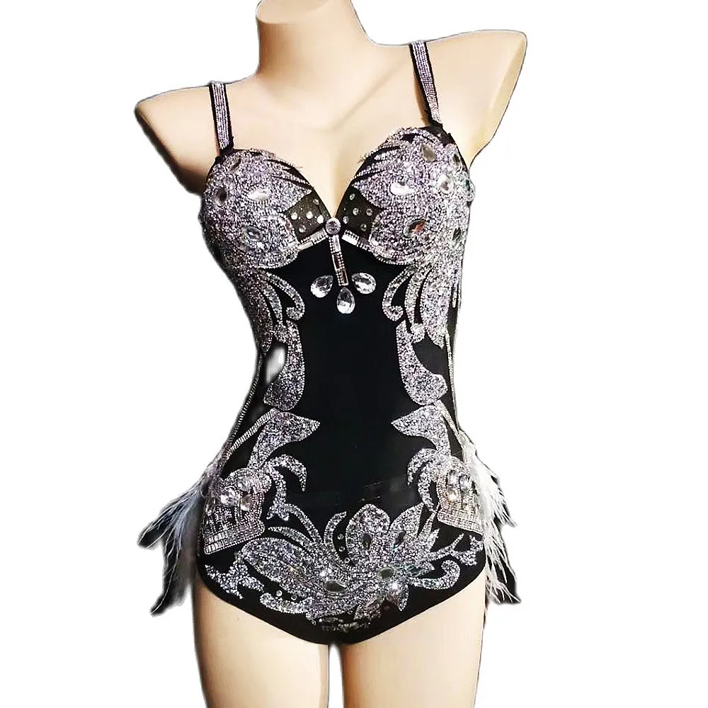

Sparling Diamond Halter Flowral Print Women Bodysuits With White Feather Tailing Stretch Tight Jumpsuit Nightclub Outfit