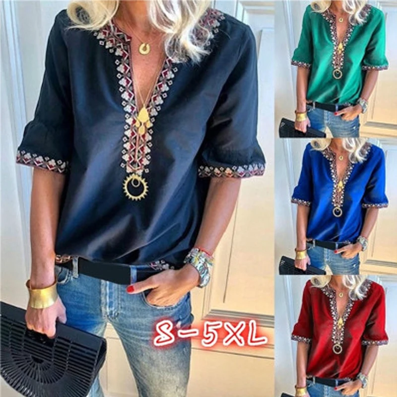 

Women's summer national wind wave Simi mid sleeve V-neck T-shirt top