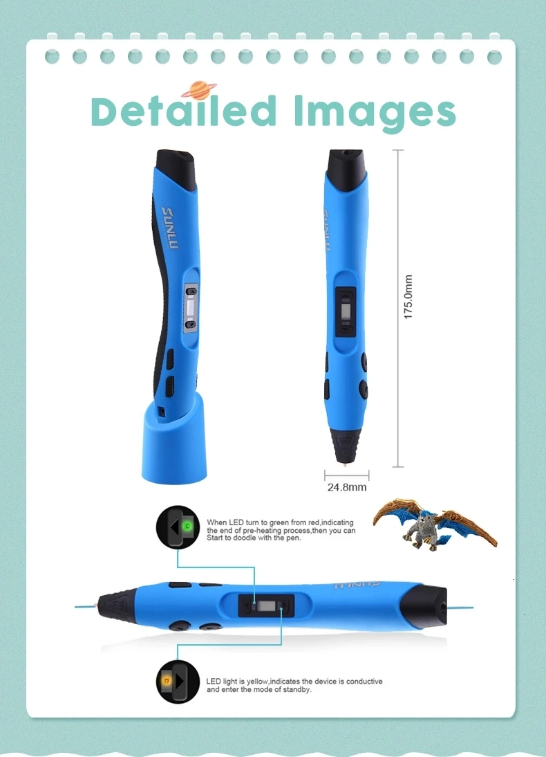 SUNLU 300A 3d Ручка Горячая Распродажа интеллектуальная Живопись 3d печать Ручка светодиодный дисплей расходные PCL PLA ABS нити 1,75 мм черный цвет