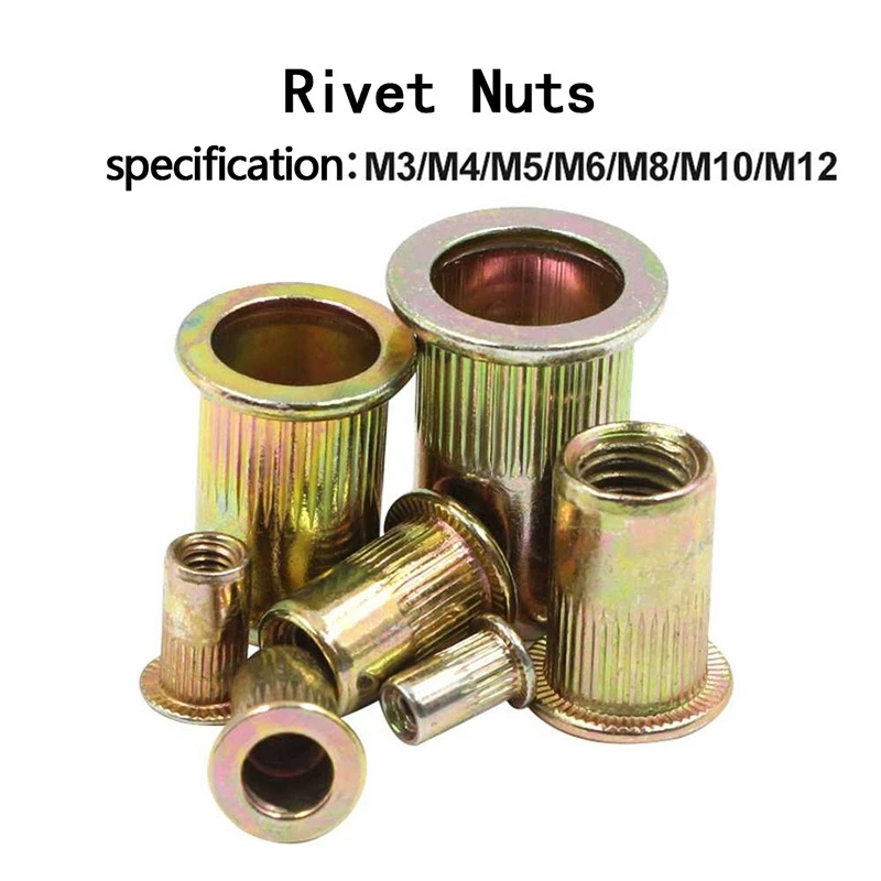 

Riveting Nut 430Pcs Color-Plated Zinc Rivet Nut M3-M12 Combination Metric Rivet Nut Boxed Flat Head Vertical Pattern