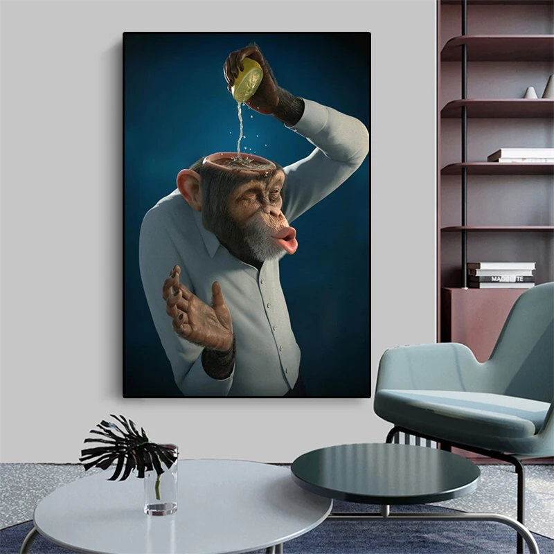 

Funny Monkey Lemon Pouring Into Head Canvas Painting Anamial Posters and Print Wall Art Picture for Living Room Home Decor