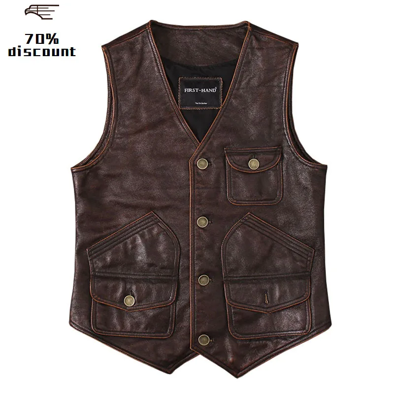 2020 Vintage Brown Men American Casual Style Leather Vest Plus Size XXXL Genuine Cowhide Spring Short Natural FREE SHIPPING | Мужская