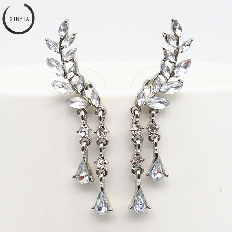 Модные длинные серьги подвески с кристаллами циркония в форме листа для женщин и
