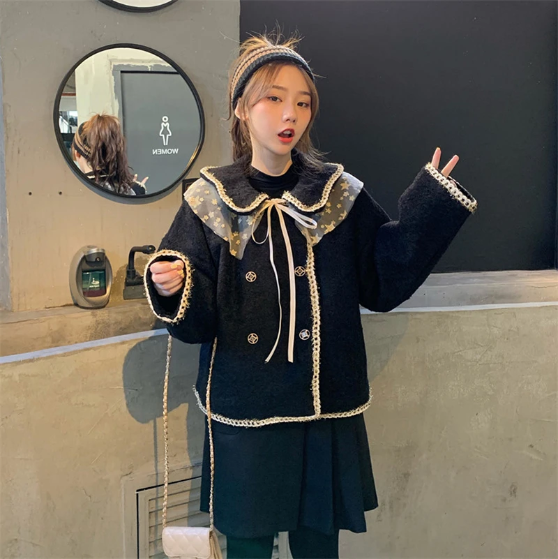 

Black Woolen Coat Loose Spliced Mesh Lace Up Double Breasted Peter Pan Collar Vintage Jacket Outwear Long Sleeve Sweet Tops Coat