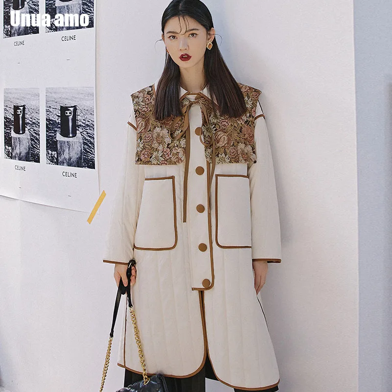 

Unua amo Fake Two-piece Jacquard Shawl Design Long Parka Women Fashion Loose Cotton Padded Puffer Jacket Female Warm Winter Coat