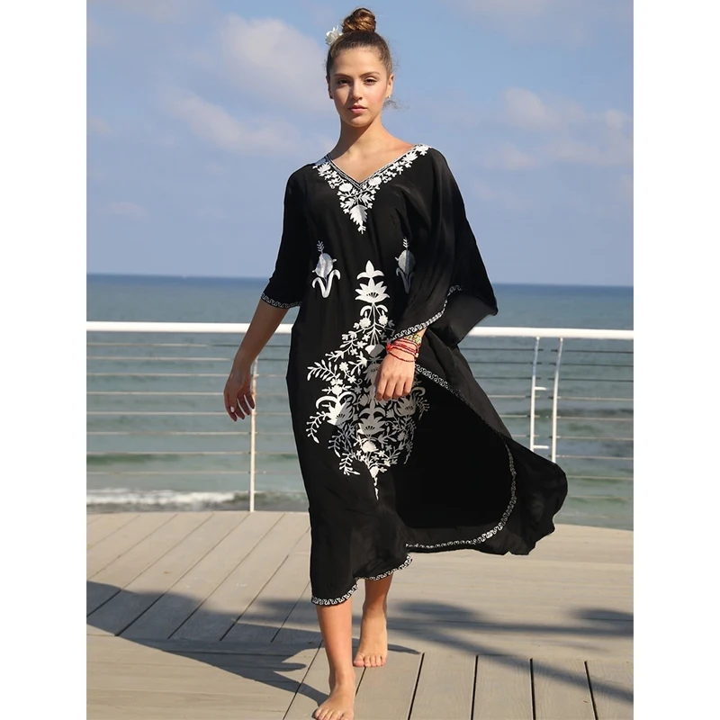 2021 красный в богемном стиле с цветочной вышивкой Свободное летнее пляжное платье